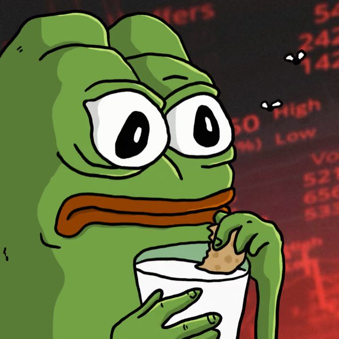 Meme illustration of a green Pepe-like frog character with sad eyes eating from a cup of milk with a cookie, set against a red background showing stock market numbers indicating price drops.