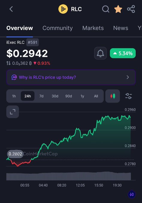A mobile screenshot of the iExec RLC cryptocurrency overview on CoinMarketCap, showing the price at $0.2942 with a 5.34% increase and a 24-hour price chart trending upward.