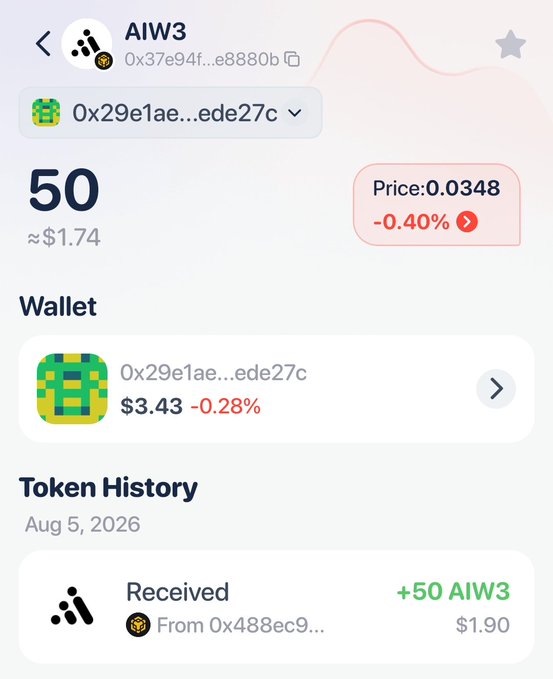 The image shows a wallet screen displaying a received transaction of +50 AIW3 tokens (worth $1.90) from address 0x48ec9..., with the current price at $0.0348 (-0.40%). 

The screenshot directly addresses the poster's concern by showing that the AIW3 token transaction in their wallet is just a small received transfer of 50 tokens (≈$1.74), likely an airdrop or unsolicited token—these are commonly used in crypto scams but receiving them alone isn't dangerous, though the user should avoid interacting with unknown tokens or visiting associated websites to stay safe.