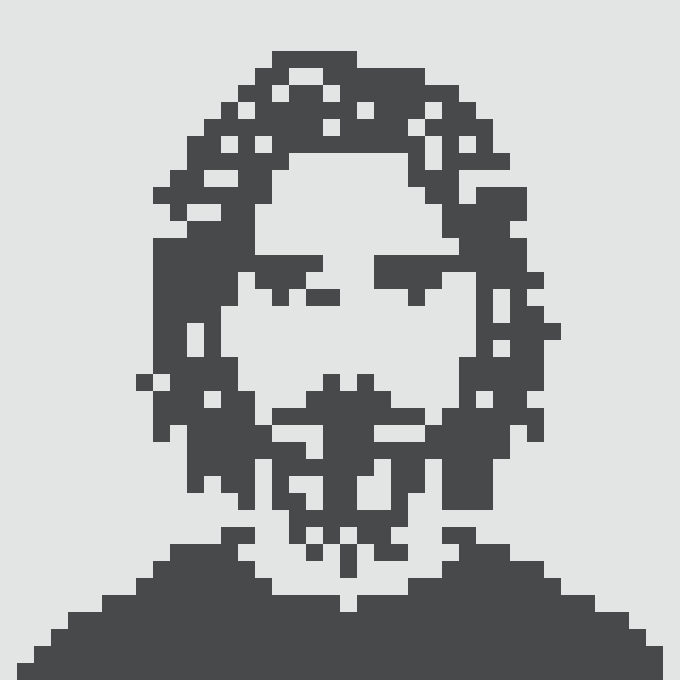 A dark gray pixel art portrait of a young man with longer hair covering part of his face, with a hand near his chin.