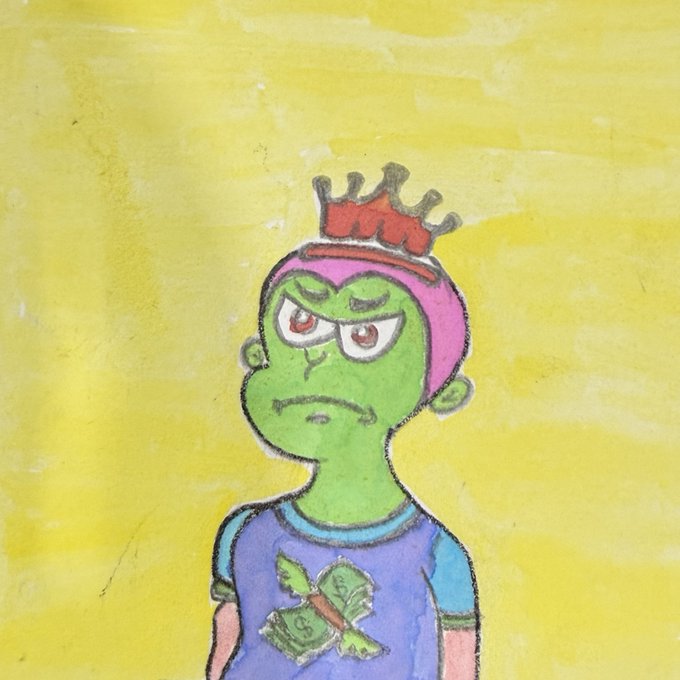 A hand-drawn illustration features a green-faced character wearing a small red crown and a shirt with money symbols on it against a yellow background.