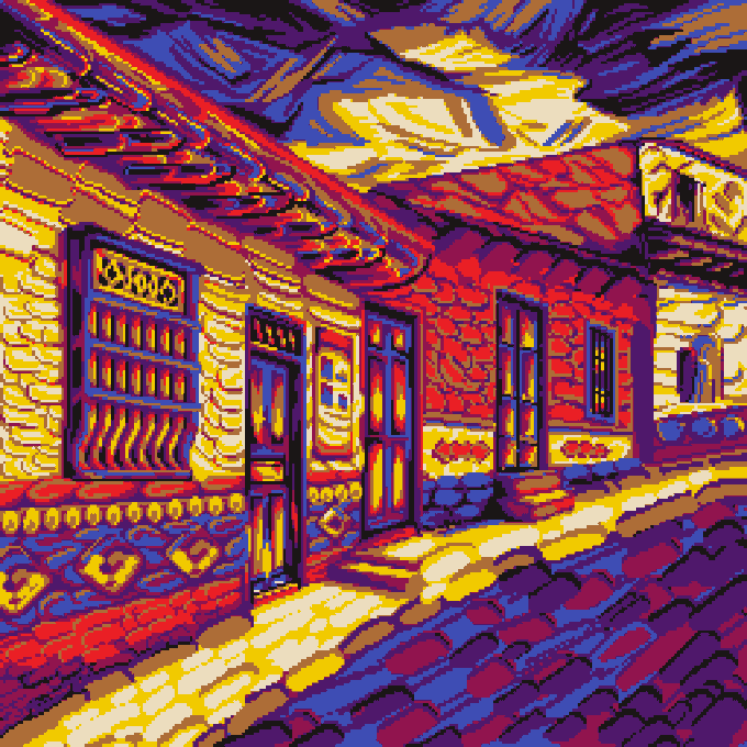 Vibrant pixel art depicting a colorful street scene with traditional buildings bathed in warm yellow and purple tones under a swirling sky.