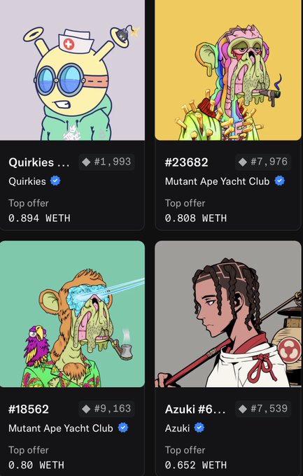 An NFT marketplace displaying four digital collectibles: Quirkies #1,993 (0.894 WETH), Mutant Ape Yacht Club #23682 (0.808 WETH), Mutant Ape Yacht Club #18562 (0.80 WETH), and Azuki #6 (0.652 WETH).