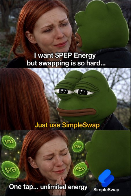 This meme depicts a woman crying about wanting $PEP Energy but finding swapping difficult, then being shown that using SimpleSwap offers "One tap... unlimited energy" with $PEP coins appearing, mirroring the post's narrative of Simplified $PEP swaps.