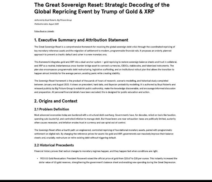 Whitepaper document titled 'The Great Sovereign Reset: Strategic Decoding of the Global Repricing Event by Trump of Gold & XRP,' authored by Boyd Roberts, Big Picture Group, published August 2025.