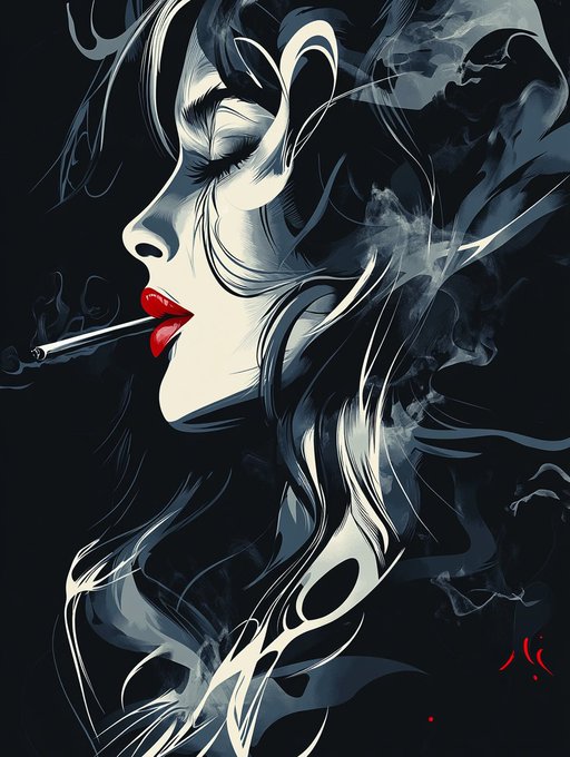 Stylized digital artwork featuring a side profile of a woman with flowing dark hair and bold red lips, smoking a cigarette with smoke swirling into a dark, moody background.