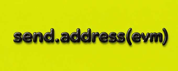 The image displays the text "send.address(evm)" in a dark, glossy font against a bright yellow background. The stylized text relates to the post's mention of "Send Address(EVM)" as part of a blockchain or cryptocurrency transaction context.