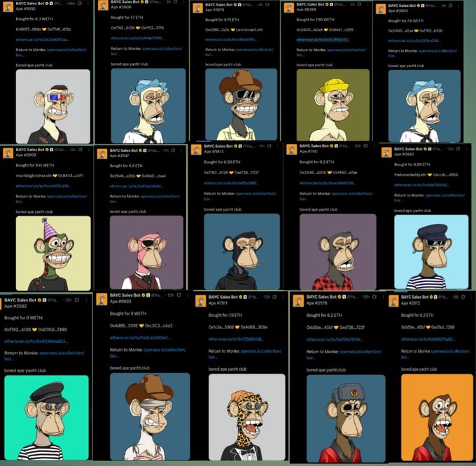 The image features a grid of 16 different monkey characters, each wearing unique outfits and accessories. The monkeys are arranged in two rows with four characters in each row. Some of the monkeys have hats or sunglasses on their heads, while others don't. The monkeys appear to be engaged in various activities such as sitting down, standing up, or interacting with one another. The post about the monkeys is written in a caption format and includes information about the monkeys' appearances and actions.