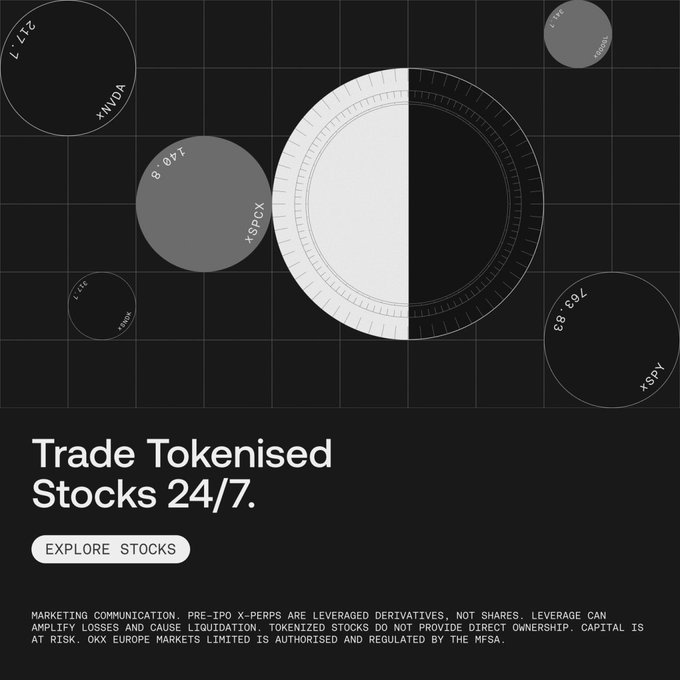 Black promotional graphic for XSX/XSPCX/XDMX featuring circular stock tickers and text reading 'Trade Tokenised Stocks 24/7. EXPLORE STOCKS' with marketing disclaimers about OKX Europe Markets Limited.