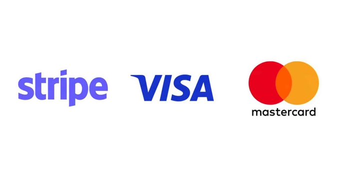 The image features a white background with three different logos for Visa, Mastercard, and Stripe. The first logo displays the word "Visa" in blue letters, followed by an orange circle representing Mastercard, and then another blue circle representing Stripe. The third logo is a red circle with the words "Mastercard" written on it. These logos are arranged side by side to show that they all belong to the same company or service.