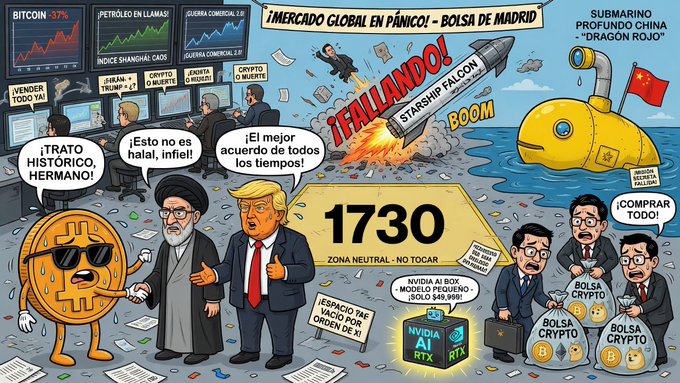 A satirical cartoon depicting global financial chaos labeled '¡MERCADO GLOBAL EN PÁNICO! - BOLSA DE MADRID', featuring a Bitcoin character, an Iranian cleric, Donald Trump, and a 'STARSHIP FALCÓN' rocket with financial screens showing Bitcoin, oil, and currency crashes.