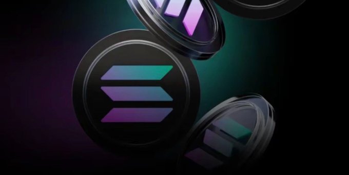 3D rendering of black cryptocurrency coins with the Solana (SOL) logo in purple and teal gradient, floating against a dark background with subtle colored lighting.