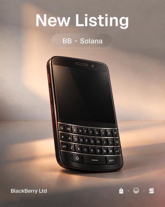 The image showcases a sleek BlackBerry smartphone with the headline "New Listing" and a tag reading "BB • Solana," announcing that BlackBerry Ltd's token is now tradable on the Solana blockchain via Sunrise.