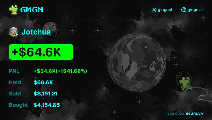 The image displays a screen showing information about an account with a value of $64,634 K. The account's name is displayed as "jotchua" along with the current amount held by the user, which is $64,634 K. There are also mentions of how much money has been made and sold within the account, totaling to $8.19K. Additionally, a space-related image featuring an alien in a spacesuit and a planet can be seen on this screen, contributing to the account information. The post's title is "GGN", indicating that it is related to some form of trading or currency exchange activity happening under the name of GGN.