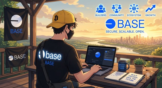 An illustrated figure in a Bitcoin cap and Base-branded clothing works on a laptop in a scenic overlook setting, with prominent text reading "BASE - SECURE. SCALABLE. OPEN." alongside icons for Builders, Community, Ecosystem, and Growth.