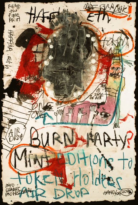 The image features an advertisement for a painting by the artist GM @hafftka, which was created by a group called The Hafft Artists. The painting depicts the artist's signature surrounded by graffiti elements. The artwork has been sold for 0.3 ETH and is part of a collection titled " declarations of independence". The artist signed it off as "Hafft ?". The post also mentions that more artworks are available at this website if you'd like to buy them from GM @hafftka himself. It seems like the artist's works have gained significant value and interest in this particular marketplace.