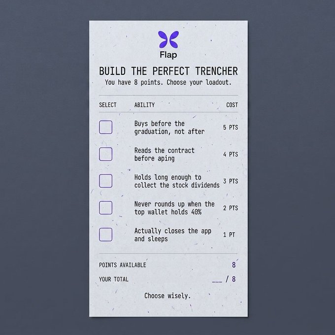 A mock crypto wallet's "Build the Perfect Trencher" character creation screen with 8 points to spend on satirical abilities like "Buys before the graduation, not after" (5 pts) and "Actually closes the app and sleeps" (1 pt), poking fun at the "BUIDL" crypto culture meme by suggesting the perfect trenching strategy is one that ultimately ends trading.