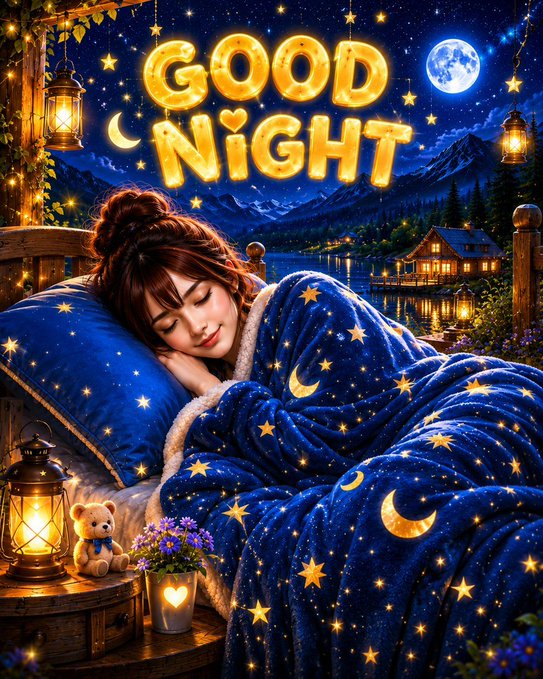 The image shows a cozy nighttime scene with a sleeping woman wrapped in a star and moon-patterned blue blanket, accompanied by a teddy bear, glowing lanterns, and the illuminated text "GOOD NIGHT" against a starry mountain backdrop. The caption and post share a calming, restful theme, using the "Good Night" message to wish the trading community well while introducing @ShiftRWA as a project worth watching.
