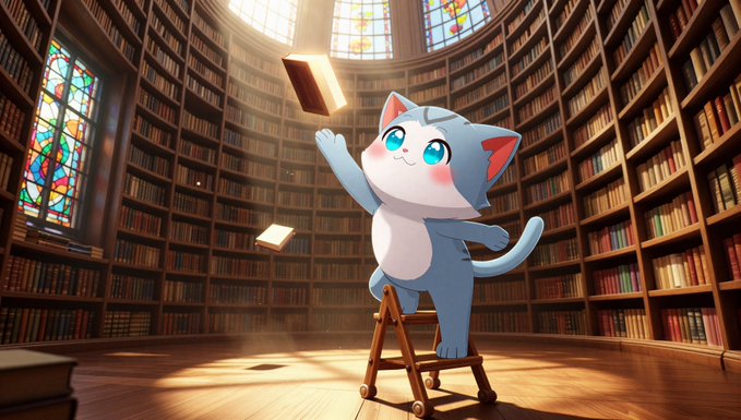 A blue-and-white cartoon cat stands on a ladder at the center of a grand circular library, triumphantly catching a floating glowing book amid towering bookshelves and stained-glass windows. The image serves as a visual metaphor for the post's message—the cat's eager, well-prepared stance on the ladder symbolizing an investor poised and ready to seize opportunities, suggesting that with the right tools (knowledge/books) in place, the market is set for a renewed upward movement.
