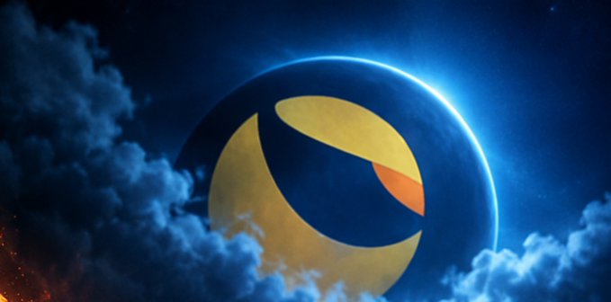 A digital illustration of a planet with a blue atmosphere and a yellow/orange surface featuring a dark, eye-like or wing-like shape, set against a backdrop of dark blue clouds and a starry sky.