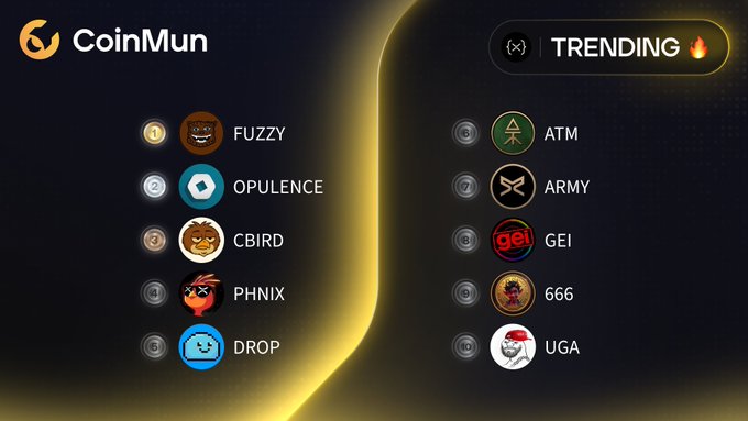 A CoinMun "Trending" leaderboard displays the top 10 XRPL meme tokens, with $FUZZY ranked #1 followed by $OPULENCE, $CBIRD, $PHNIX, and $DROP on the left, and $ATM, $ARMY, $GEI, $666, and $UGA on the right, matching the post's listing of trending coins.