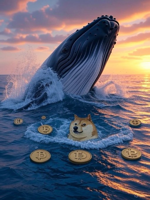 A digital artwork depicts a large whale breaching at sunset with a Dogecoin coin and several Bitcoin coins floating in the waves below.