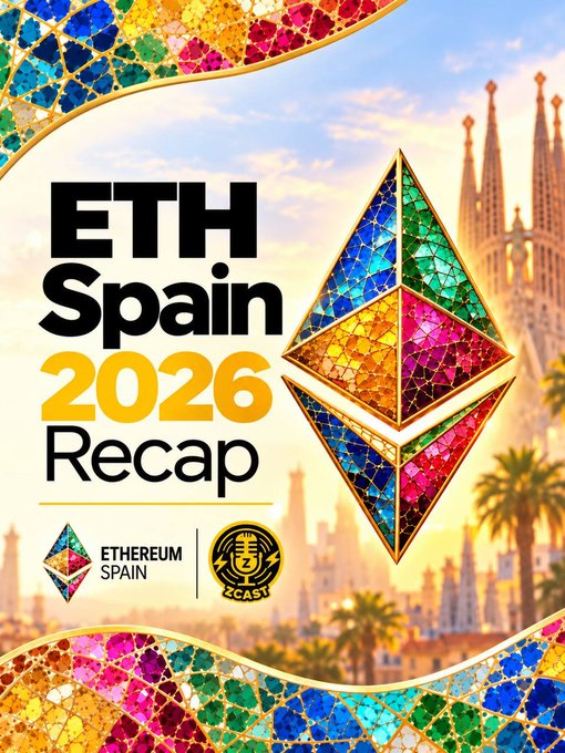 A promotional graphic for 'ETH Spain 2026 Recap' featuring a colorful mosaic Ethereum logo and the Ethereum Spain and EZCast logos.