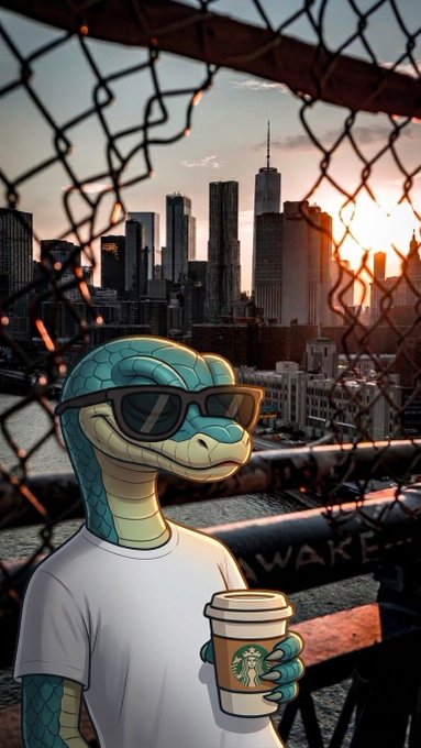 An anthropomorphic cartoon snake wearing sunglasses holds a Starbucks coffee cup against an urban skyline backdrop viewed through a chain-link fence, with the word "WAKE" spray-painted nearby. The image's grungy cityscape and morning coffee motif pair with the "Good morning CT, happy new week" post to evoke a chill, urban-styled start to the week.