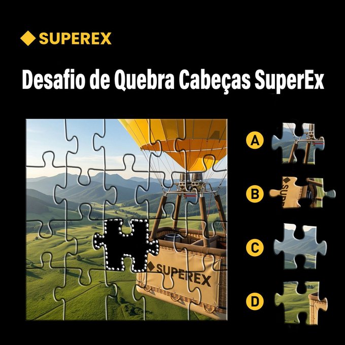 A puzzle challenge titled 'Desafio de Quebra Cabeças SuperEx' featuring an incomplete puzzle of a hot air balloon over a mountainous landscape, with options A, B, C, and D to complete the missing piece.