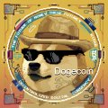 A Dogecoin-themed circular emblem featuring the iconic Shiba Inu dog wearing a tan fedora hat and dark sunglasses, surrounded by a colorful border of flags with the text 'Dogecoin' displayed in the center.