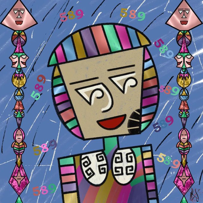 A vibrant, surreal digital illustration featuring a colorful striped figure with stylized facial features in the center, flanked by two totem-like vertical arrangements of geometric shapes and faces on a blue background marked with numbers '589' and '5899'.