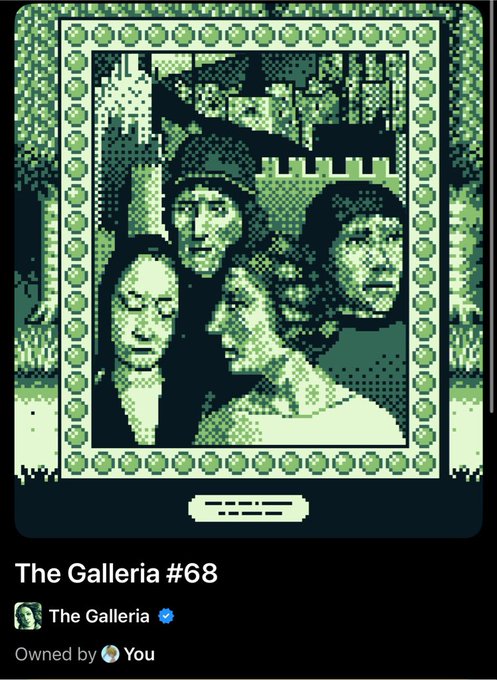 A pixel art portrait of four figures in front of a castle, displayed as NFT "The Galleria #68" minted by "The Galleria," matching the post's celebration of the newly minted Galleria collection.