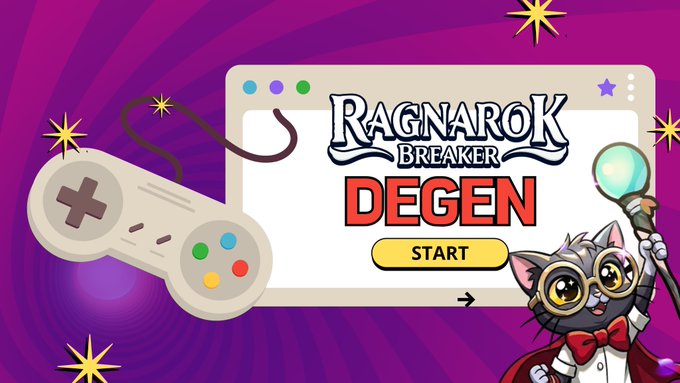 A graphic for 'RAGNAROK BREAKER DEGEN' featuring a start button, a retro game controller, and a cartoon cat wearing glasses and holding a magnifying glass.