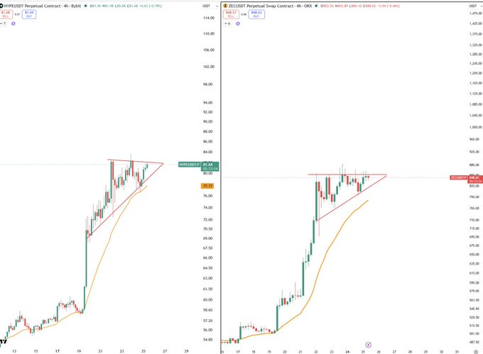 Side-by-side TradingView candlestick charts for HYPERLIQUID Perpetual Contract on 4h and 1D timeframes showing ascending triangle patterns, with current prices around $81.69 and $832.52 respectively.