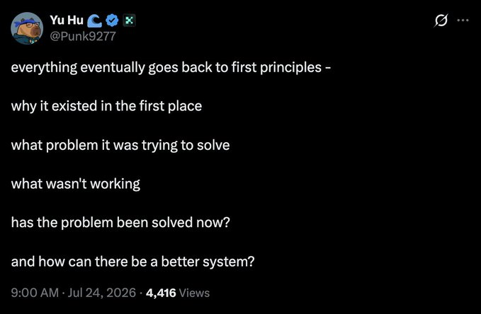 A tweet from Yu Hu (@Punk9277) stating that everything goes back to first principles, asking about the original problem, what wasn't working, and whether a better system can exist.