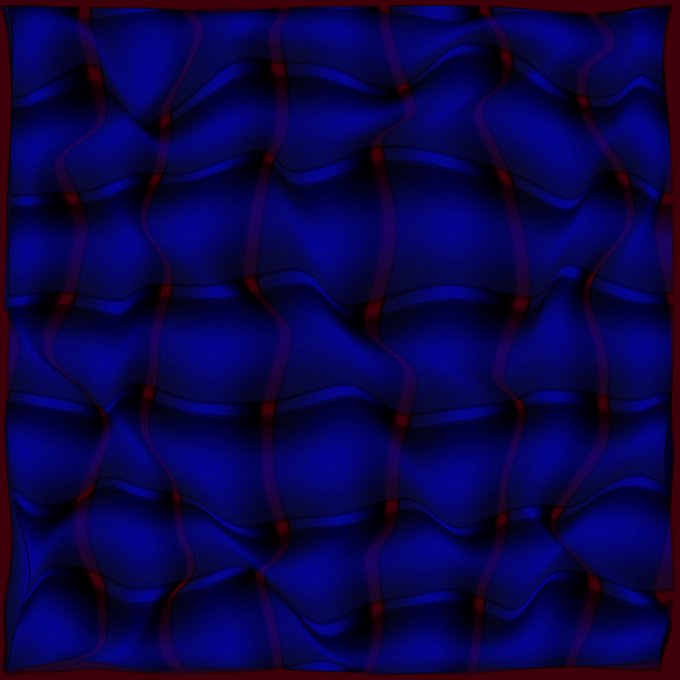 A digital artwork showing a wavy, blue undulating grid pattern framed by a dark red border, resembling flowing fabric or rippled water.