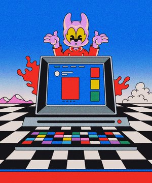 A vibrant illustration features a pink, cartoonish character with horns perched atop an old-school computer displaying colorful blocks on a checkered landscape, evoking retro 80s nostalgia. The playful digital art style aligns with the post's celebration of collecting unique NFT artwork.