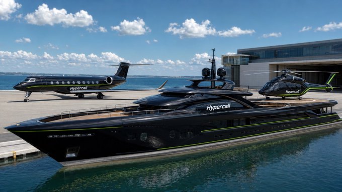 A black luxury yacht branded 'Hypercall' docked at a marina, accompanied by a matching 'Hypercall' private jet and helicopter.