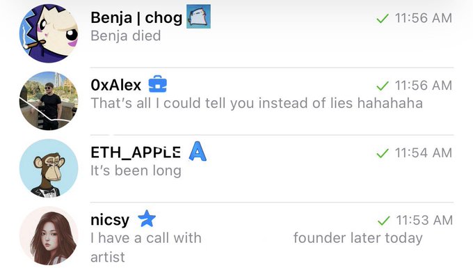 A Telegram chat screenshot showing four messages from users "Benja | chog," "OxAlex," "ETH_APPle," and "nicsy," with timestamps between 11:53 AM and 11:56 AM. The accompanying caption humorously lists the day's events: Benja's death, Alex's enquiry, Oppa DMing about NFTs, and Nicsy being invited to a meeting with a founder.