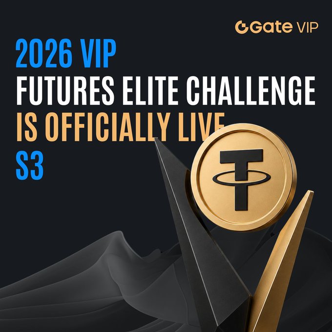 A promotional graphic from Gate VIP announcing that the "2026 VIP Futures Elite Challenge S3" is officially live, featuring a gold USDT (Tether) coin resting on a sleek dark geometric pedestal. The image visually reinforces the post's message of heavyweight luxury rewards and a prize pool exceeding $50,000 USDT for elite VIP traders.