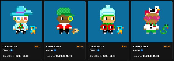 Four pixel art NFT characters from the Chonks collection (Chonk #2379, #2385, #2378, #2382) displayed with prices in ETH.