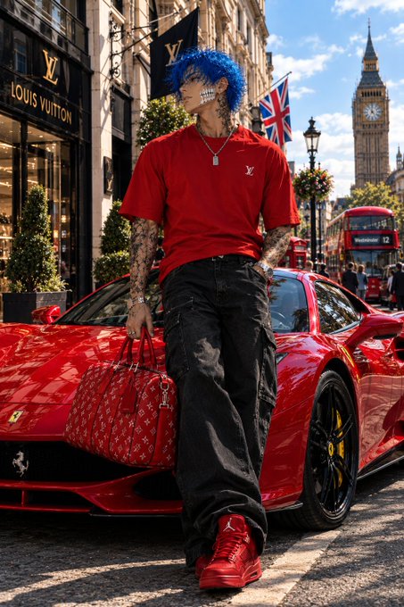 A person with blue hair and face tattoos leans against a red Ferrari while holding a matching red Louis Vuitton bag on a London street featuring Big Ben, red double-decker buses, and a 'LOUIS VUITTON' storefront.