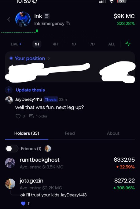 Mobile app screenshot showing an 'Ink' token at $9K MC (up 323.28%), with 33 holders including 'runitbackghost' at $332.95 and 'jotagezin' at $272.22, and a thesis comment from JayDeezy1413.