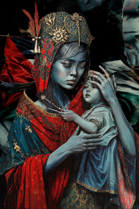 A dark, ornate digital artwork portrays a blue-skinned woman in an elaborate red and gold headdress tenderly holding a pale child.