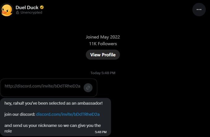 A screenshot of a Discord profile for 'Duel Duck' with 11K Followers, showing a message from today at 5:48 PM with a Discord invite link and a message inviting 'rahul' to be an ambassador.