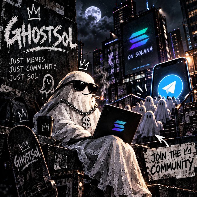 Promotional graphic for 'GHOSTSOL' featuring a ghost wearing sunglasses and a chain, sitting with a laptop displaying the Solana logo, with text reading 'JUST MEMES. JUST COMMUNITY. JUST SOL.' and 'ON SOLANA'.
