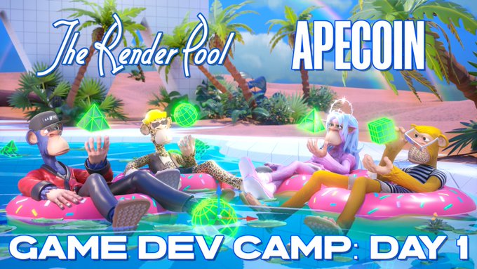 A vibrant poolside scene featuring four colorful monkey characters lounging on pink donut and watermelon floats, with the text "The Render Pool," "APECOIN," and "GAME DEV CAMP: DAY 1" overlaid. The playful, summer-themed image reflects the fun, collaborative spirit of the Game Dev Camp event hosted by The Render Pool and ApeCoin.