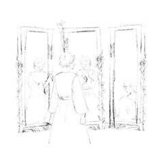 A simple pencil sketch showing a group of figures (appears to be children or small people) standing together in or near an open doorway or entrance.