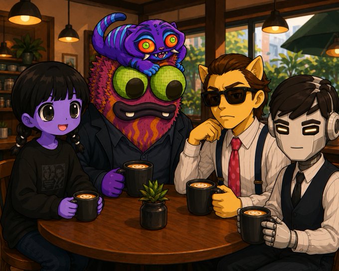 An anime-style digital illustration showing four characters sitting around a wooden table holding coffee mugs in a cozy cafe setting, including a purple-skinned girl, a monster-like figure with a purple cat creature on its head, a man with sunglasses and cat ears, and a masked figure wearing headphones.