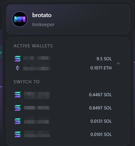 A cryptocurrency wallet interface for 'brotato' (Innkeeper) showing active wallets with 9.5 SOL and 0.1071 ETH balances, and options to switch to other wallets with smaller SOL amounts.